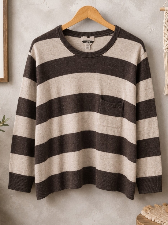 Denver Hayes Sweaters - Denver Hayes Soft Striped Cotton Blend Sweater 2XL Brown Cream Chest Pocket
